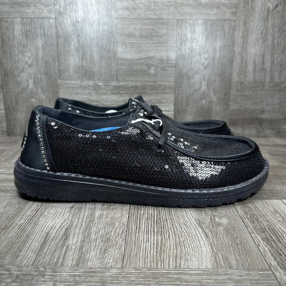 Hey Dude Wendy Disco Sequin Shoes Women 9 Black Sparkly Slip On Loafers NEW
